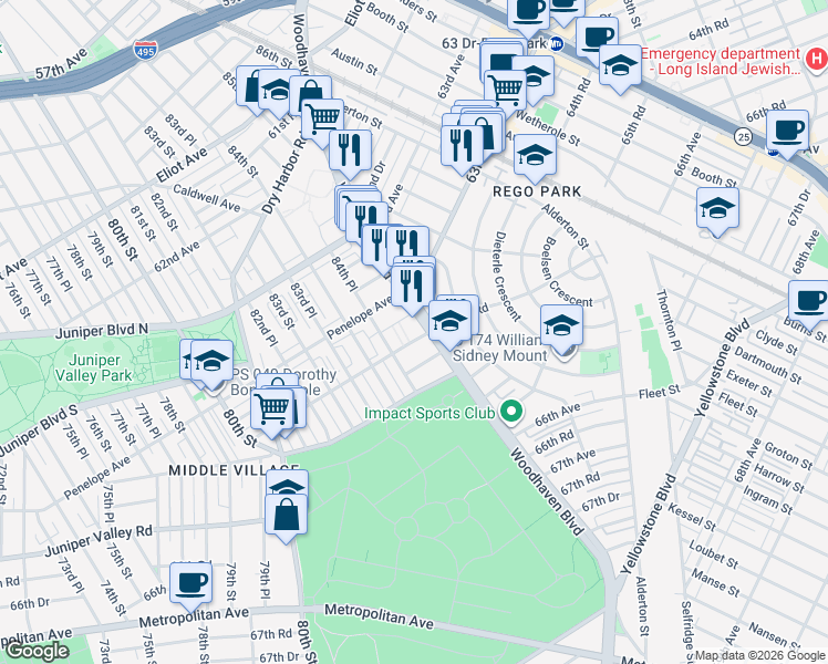 map of restaurants, bars, coffee shops, grocery stores, and more near 63-88 Woodhaven Boulevard in Queens