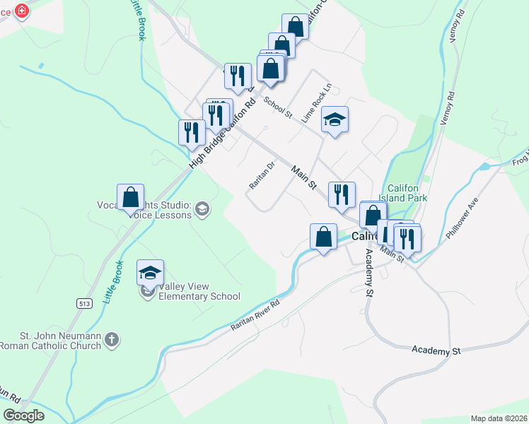 map of restaurants, bars, coffee shops, grocery stores, and more near 15 Raritan Drive in Califon