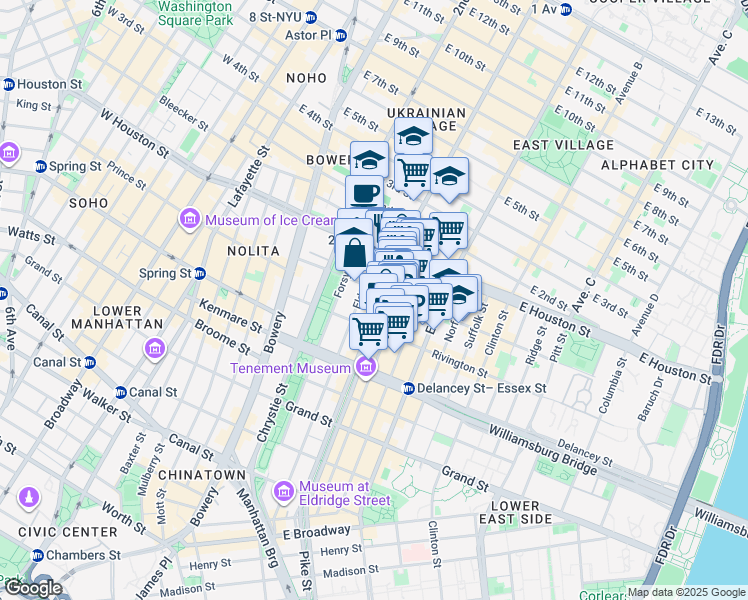 map of restaurants, bars, coffee shops, grocery stores, and more near 184 Allen Street in New York
