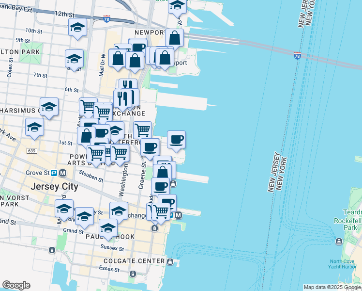 map of restaurants, bars, coffee shops, grocery stores, and more near 2 2nd Street in Jersey City