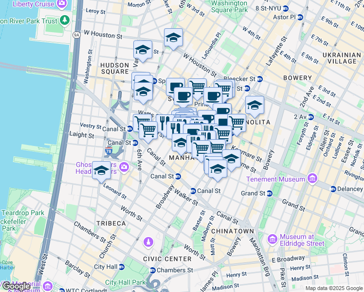 map of restaurants, bars, coffee shops, grocery stores, and more near in New York