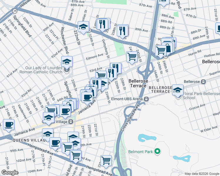 map of restaurants, bars, coffee shops, grocery stores, and more near 94-22 225th Street in Queens