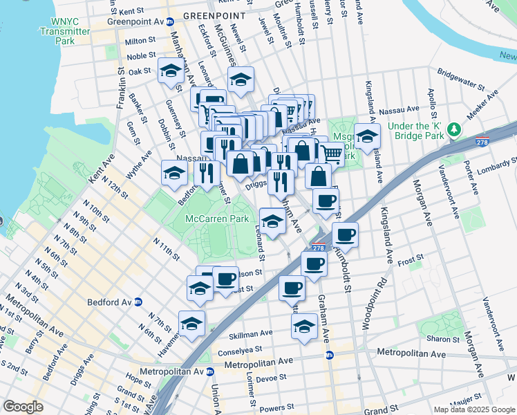 map of restaurants, bars, coffee shops, grocery stores, and more near 51 Engert Avenue in Brooklyn