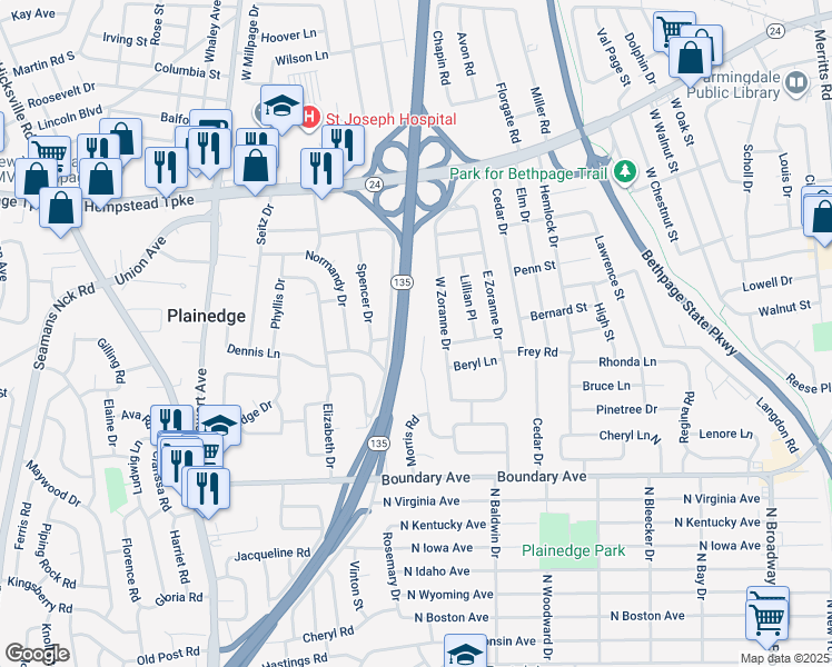 map of restaurants, bars, coffee shops, grocery stores, and more near 48 West Zoranne Drive in Farmingdale