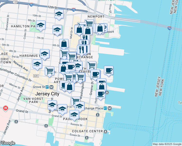 map of restaurants, bars, coffee shops, grocery stores, and more near 444 Washington Boulevard in Jersey City