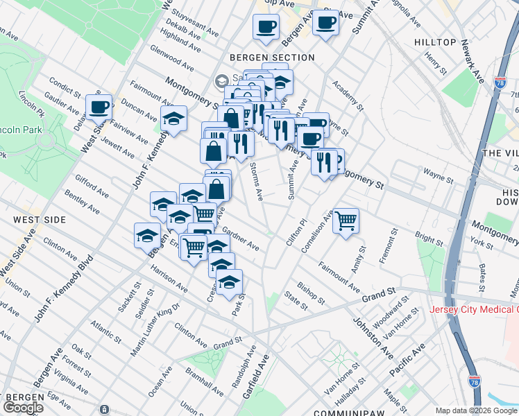 map of restaurants, bars, coffee shops, grocery stores, and more near 20 Howard Place in Jersey City