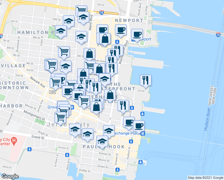 map of restaurants, bars, coffee shops, grocery stores, and more near 401 Washington Boulevard in Jersey City
