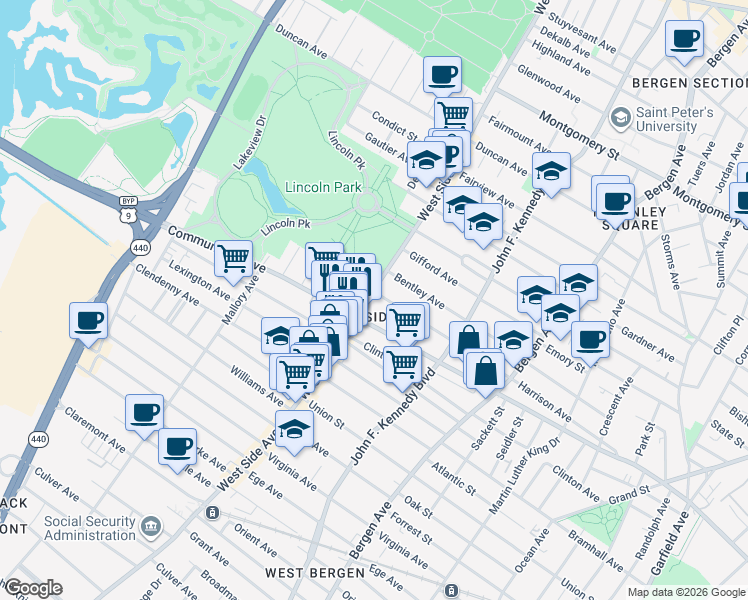 map of restaurants, bars, coffee shops, grocery stores, and more near in Jersey City