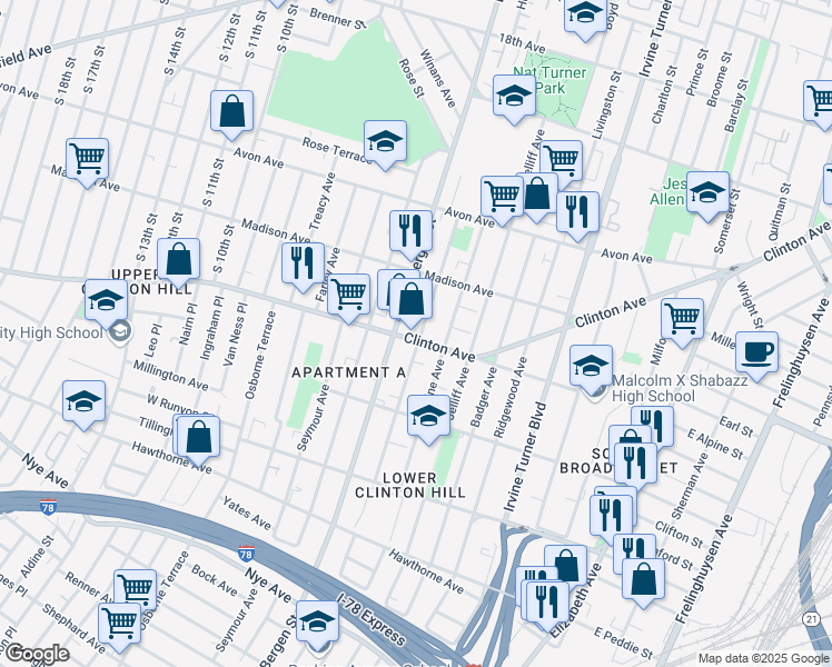 map of restaurants, bars, coffee shops, grocery stores, and more near 629 Hunterdon Street in Newark