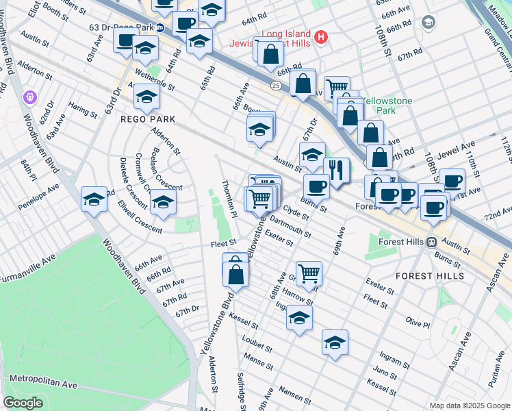 map of restaurants, bars, coffee shops, grocery stores, and more near 67-39 Clyde Street in Queens