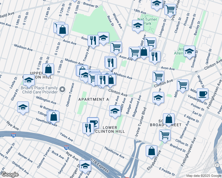 map of restaurants, bars, coffee shops, grocery stores, and more near 629 Hunterdon Street in Newark