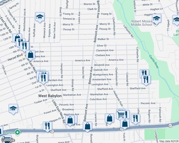 map of restaurants, bars, coffee shops, grocery stores, and more near 342 Belmont Avenue in West Babylon