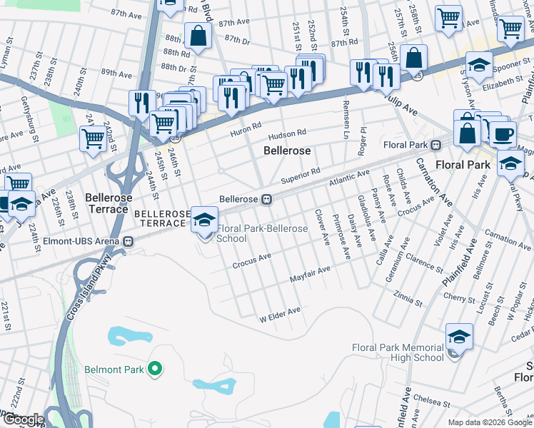 map of restaurants, bars, coffee shops, grocery stores, and more near 4 Elm Avenue in Floral Park