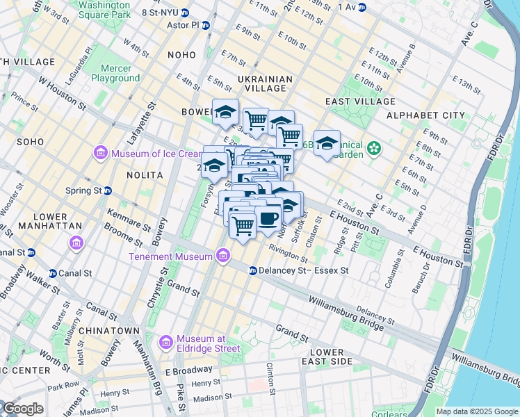 map of restaurants, bars, coffee shops, grocery stores, and more near 179 Ludlow Street in New York