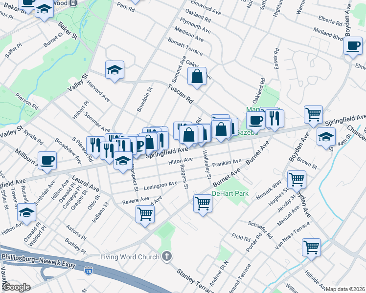 map of restaurants, bars, coffee shops, grocery stores, and more near 31 Colgate Road in Maplewood
