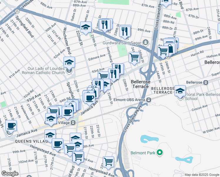 map of restaurants, bars, coffee shops, grocery stores, and more near 224-10 Jamaica Avenue in Queens
