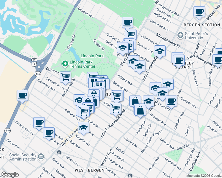map of restaurants, bars, coffee shops, grocery stores, and more near in Jersey City