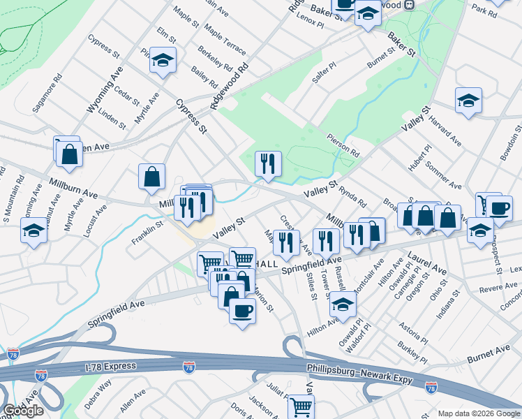 map of restaurants, bars, coffee shops, grocery stores, and more near 2211 Millburn Avenue in Maplewood