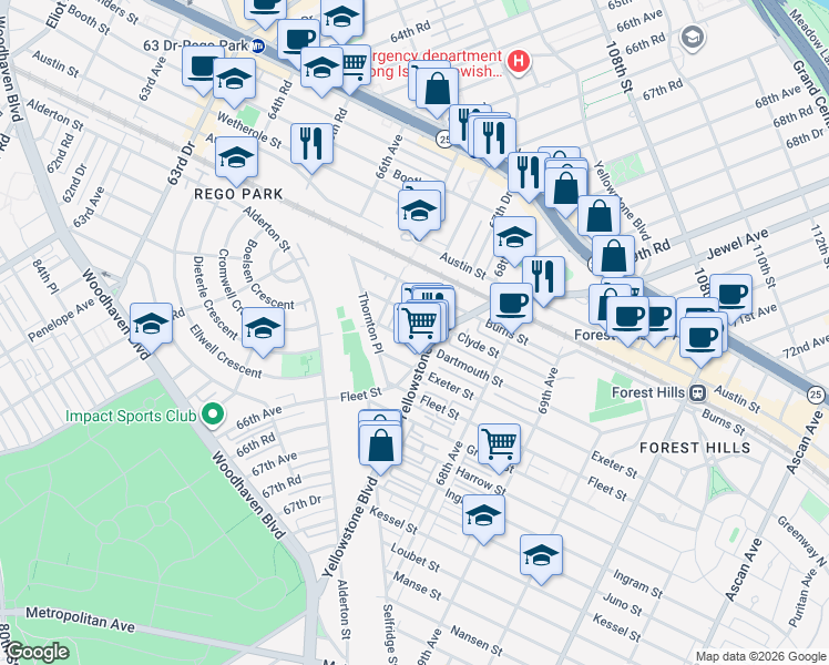 map of restaurants, bars, coffee shops, grocery stores, and more near 67-25 Dartmouth Street in Queens