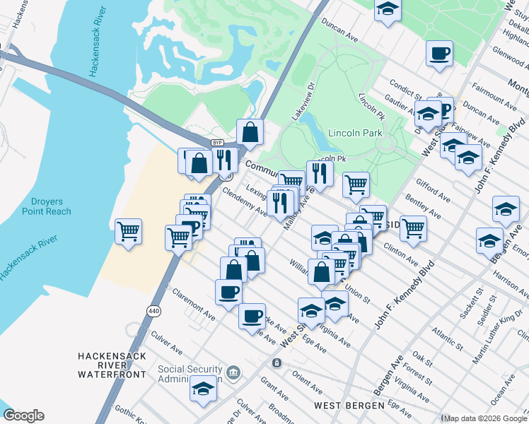 map of restaurants, bars, coffee shops, grocery stores, and more near 259 Lexington Avenue in Jersey City