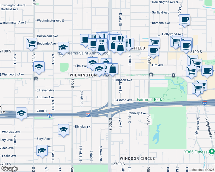 map of restaurants, bars, coffee shops, grocery stores, and more near 675 Simpson Avenue South in Salt Lake City