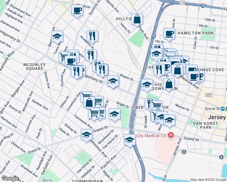 map of restaurants, bars, coffee shops, grocery stores, and more near 525 Montgomery Street in Jersey City