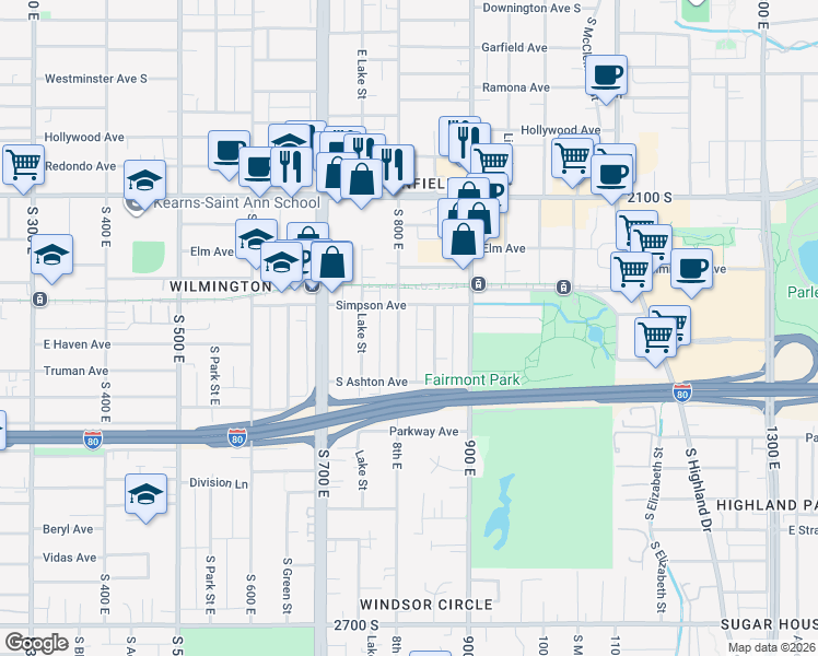 map of restaurants, bars, coffee shops, grocery stores, and more near 2248 800 East in Salt Lake City