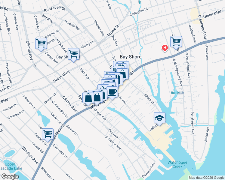map of restaurants, bars, coffee shops, grocery stores, and more near 19 East Main Street in Bay Shore