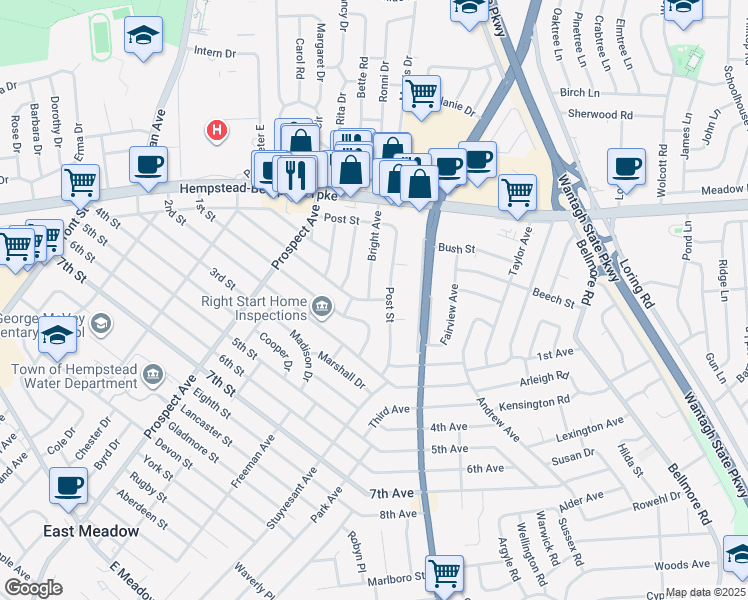 map of restaurants, bars, coffee shops, grocery stores, and more near 2153 Post Street in East Meadow