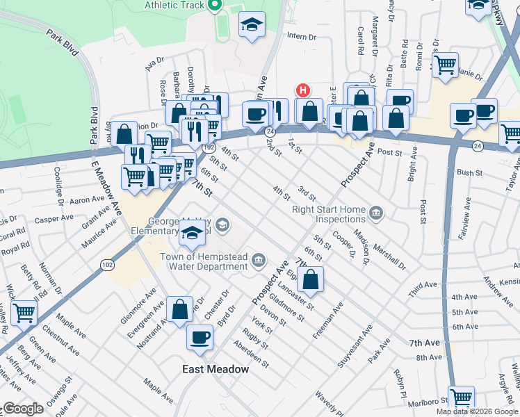 map of restaurants, bars, coffee shops, grocery stores, and more near 2209 6th Street in East Meadow