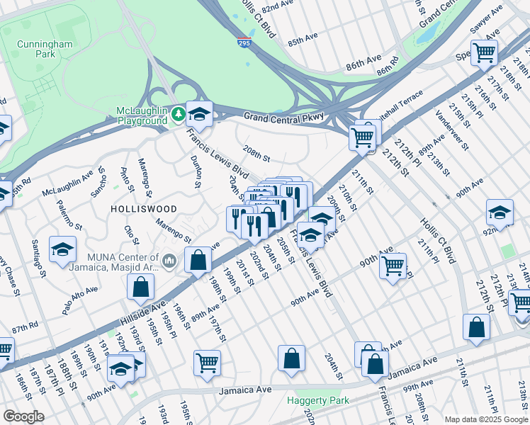 map of restaurants, bars, coffee shops, grocery stores, and more near 87-56 Francis Lewis Boulevard in Queens