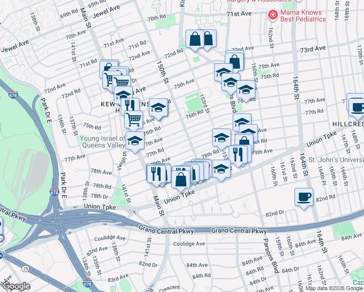 map of restaurants, bars, coffee shops, grocery stores, and more near 147-49 77th Road in Queens