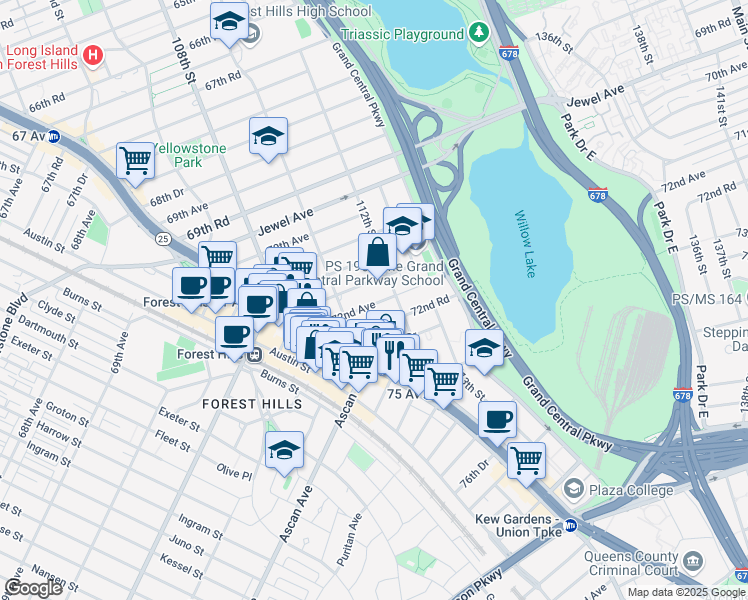 map of restaurants, bars, coffee shops, grocery stores, and more near 110-50 71st Road in Queens
