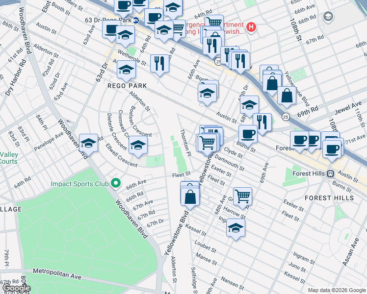 map of restaurants, bars, coffee shops, grocery stores, and more near 95-17 67th Avenue in Queens