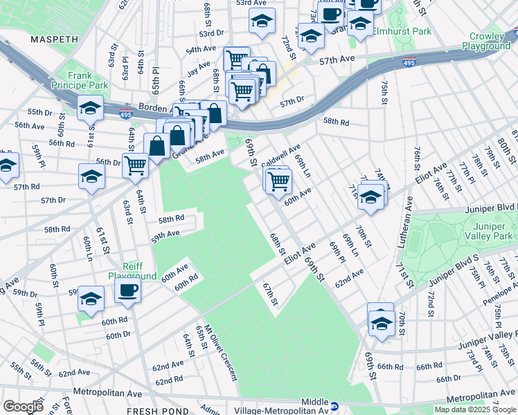 map of restaurants, bars, coffee shops, grocery stores, and more near 68-04 59th Road in Queens