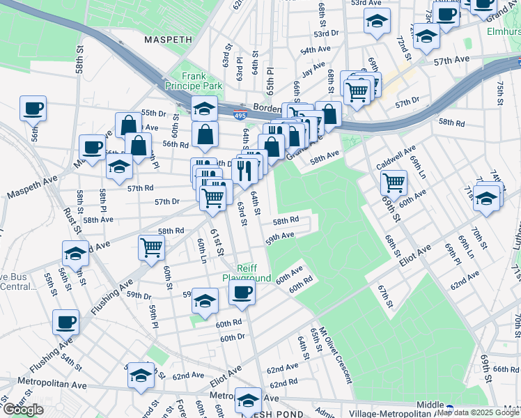 map of restaurants, bars, coffee shops, grocery stores, and more near 5738 65th Street in Queens