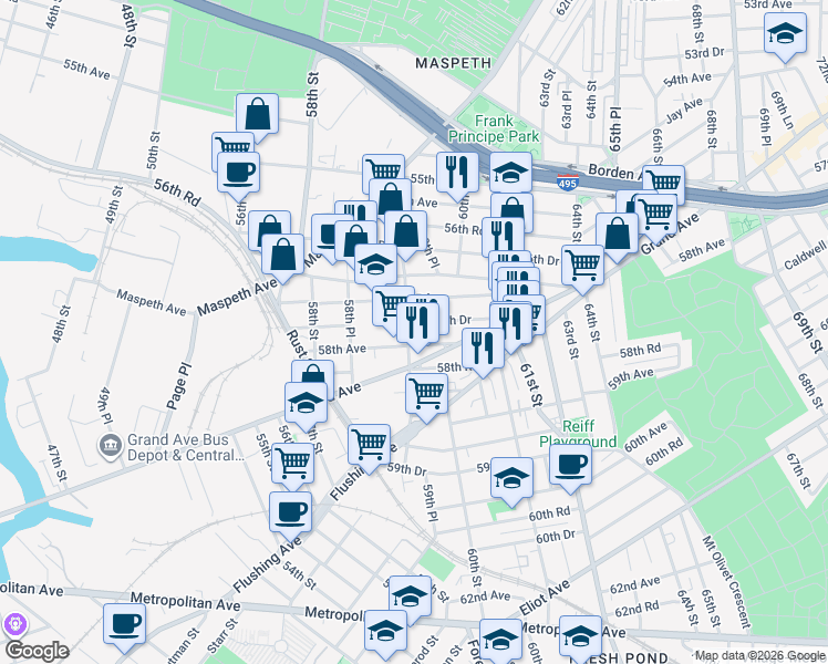 map of restaurants, bars, coffee shops, grocery stores, and more near 5730 59th Street in Queens
