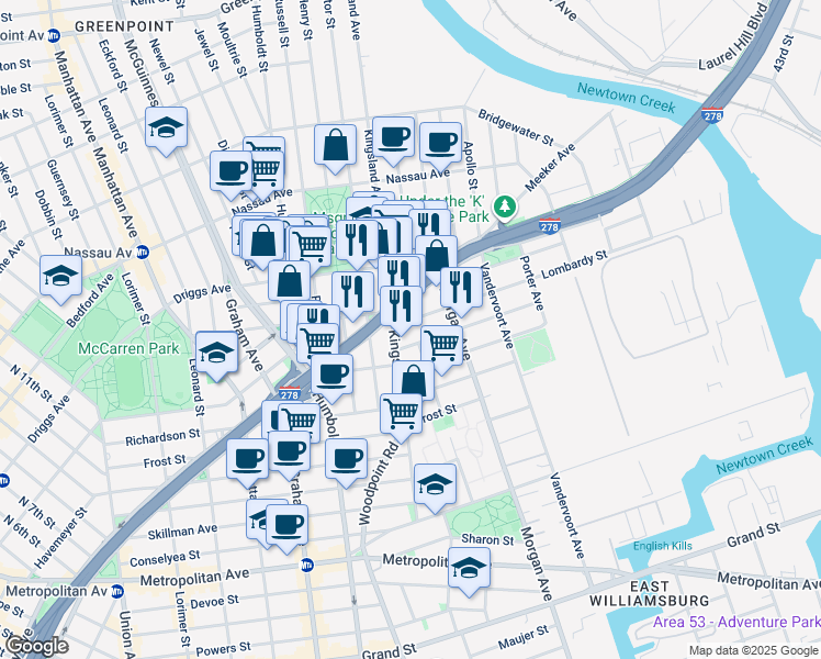 map of restaurants, bars, coffee shops, grocery stores, and more near 150 Kingsland Avenue in Brooklyn