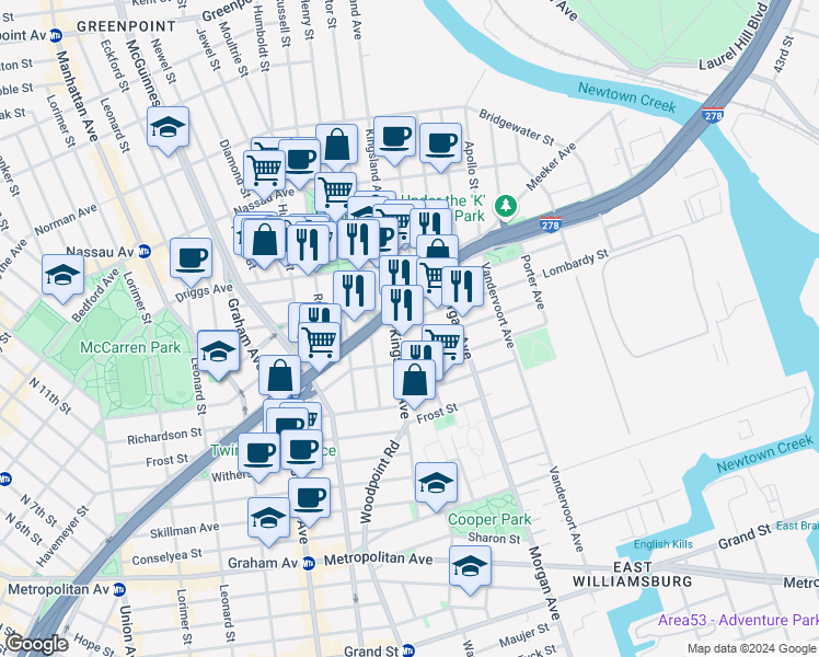 map of restaurants, bars, coffee shops, grocery stores, and more near 150 Kingsland Avenue in Brooklyn