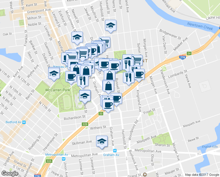map of restaurants, bars, coffee shops, grocery stores, and more near 38 Broome Street in Brooklyn