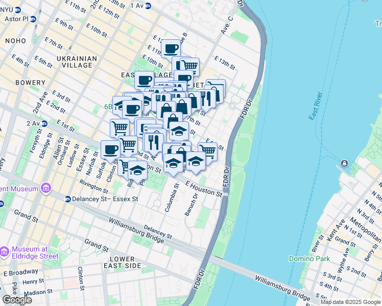 map of restaurants, bars, coffee shops, grocery stores, and more near 734 East 5th Street in New York