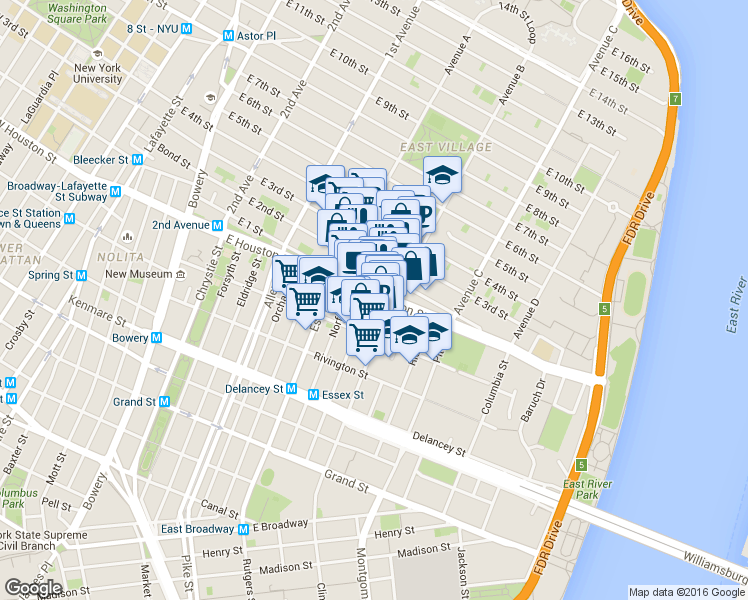 map of restaurants, bars, coffee shops, grocery stores, and more near 250 East Houston Street in New York