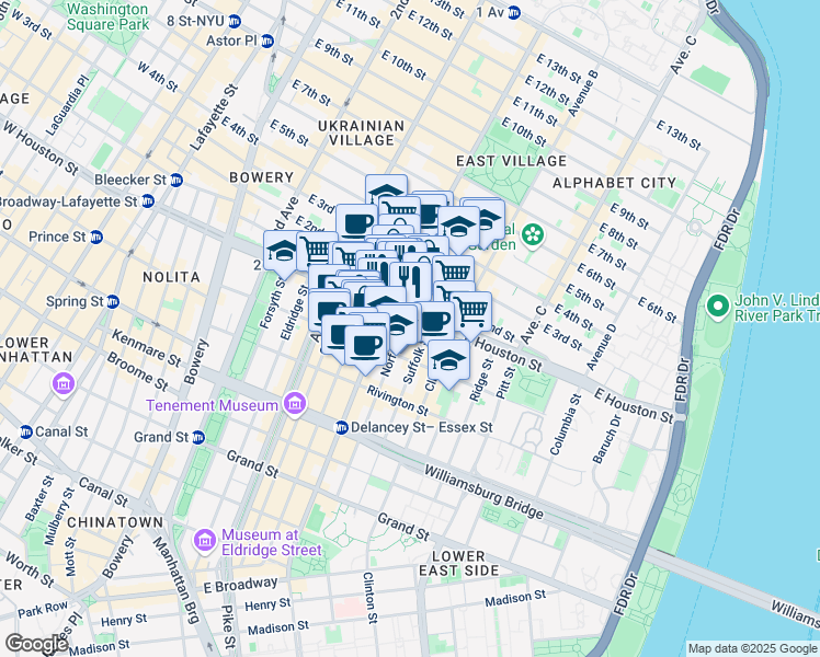 map of restaurants, bars, coffee shops, grocery stores, and more near 11 A Avenue in New York