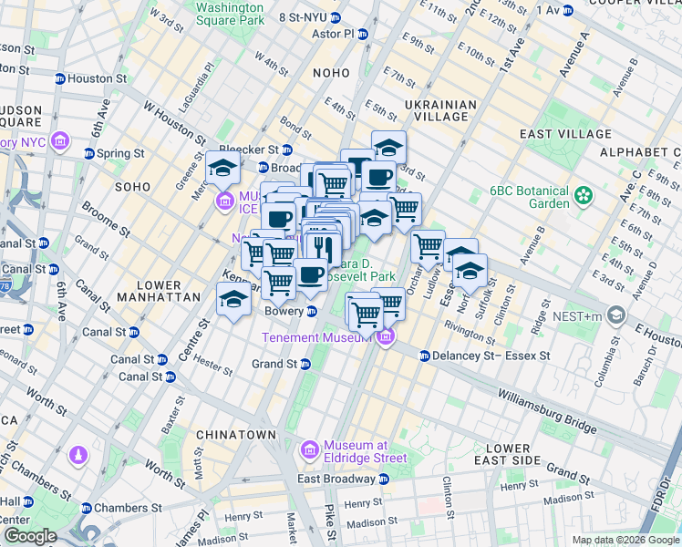 map of restaurants, bars, coffee shops, grocery stores, and more near 187 Chrystie Street in New York