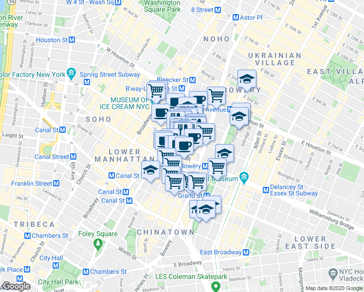 map of restaurants, bars, coffee shops, grocery stores, and more near in New York