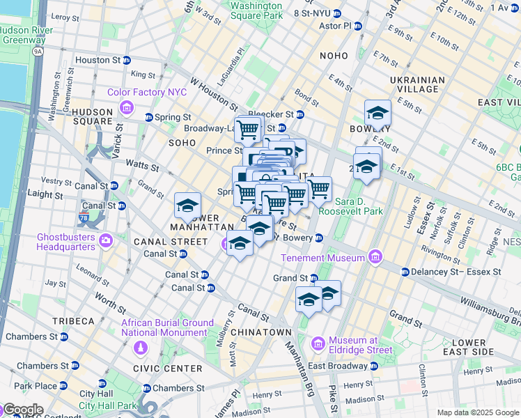 map of restaurants, bars, coffee shops, grocery stores, and more near 234 Mulberry Street in New York