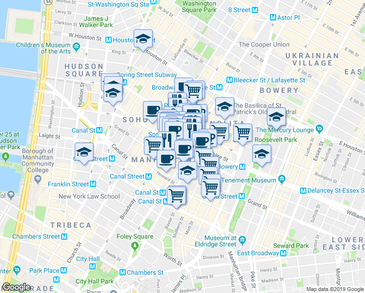 map of restaurants, bars, coffee shops, grocery stores, and more near 494 Broadway in New York