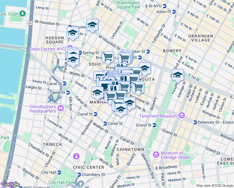 map of restaurants, bars, coffee shops, grocery stores, and more near 494 Broadway in New York