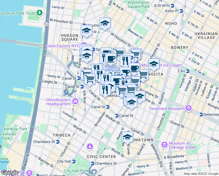 map of restaurants, bars, coffee shops, grocery stores, and more near in New York