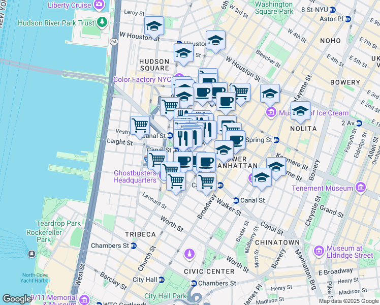 map of restaurants, bars, coffee shops, grocery stores, and more near 323 West Broadway in New York